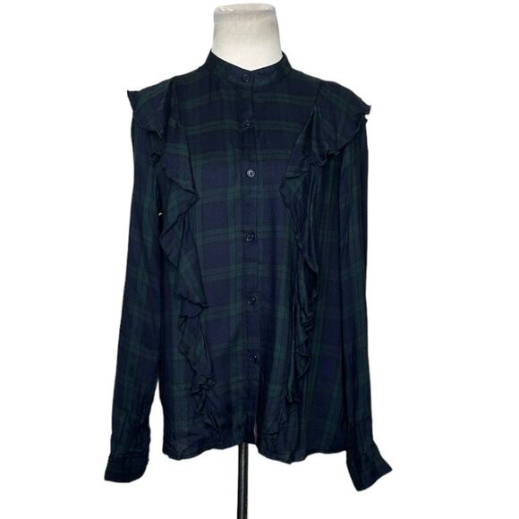 JustFab blue green plaid ruffled long sleeves button blouse size Small - Picture 1 of 10